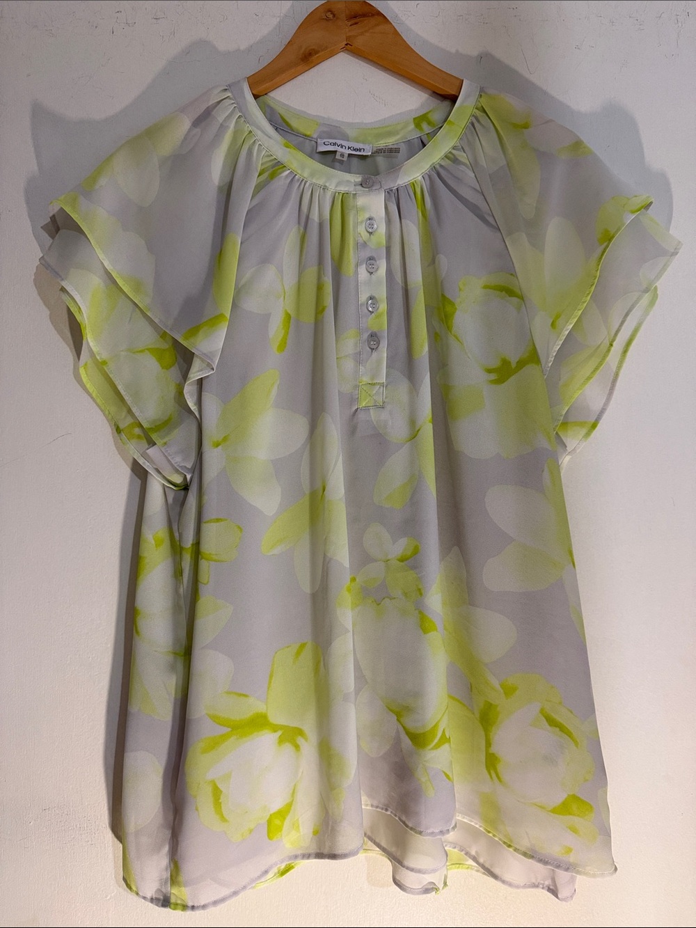 Calvin Klein Gray Chiffon Blouse with Lime Floral